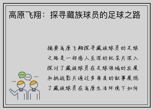 高原飞翔：探寻藏族球员的足球之路